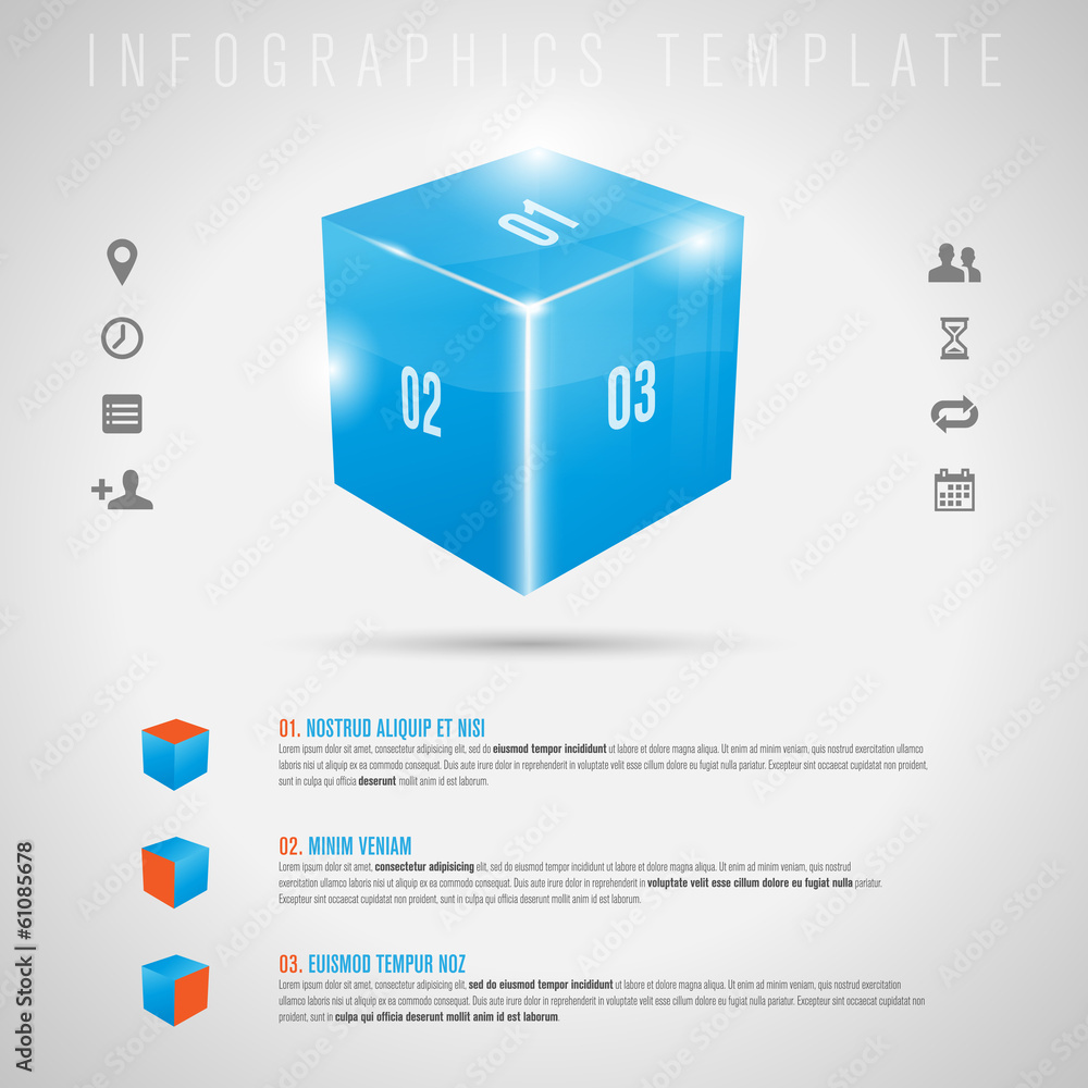 Poster abstract 3d shiny cube and gray icons - infographics template