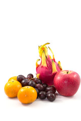 Lansium domesticum, grapes, orange, apple,  Dragon fruit