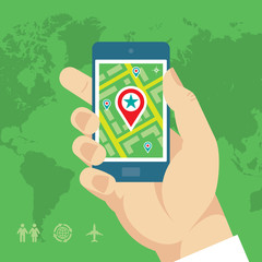 Smartphone with Map & Location in Human Hand
