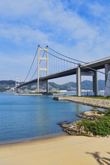 hong kong bridge, Tsing Ma Bridge and beach scenes in summer.