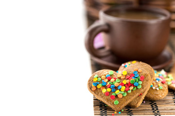 Morning coffee and Valentine cookies in the shape of hearts