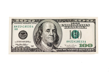 American hundred dollar banknote over white