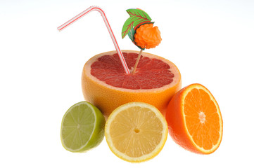 Half of grapefruit, lime, orange and lemon with cocktail tube an
