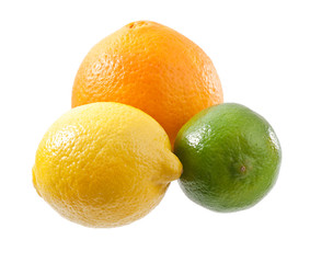 lemon, lime and orange isolated on white background