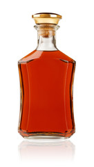 Stylish cognac bottle standing isolated on white background