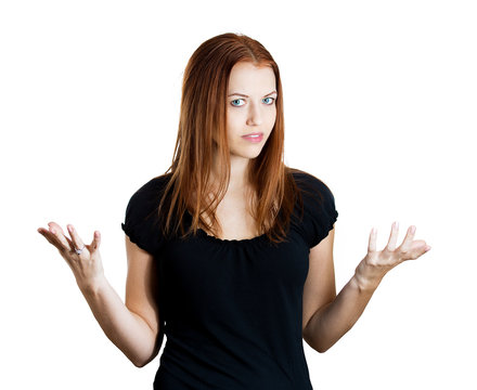 Unhappy woman, asking what is your problem? white background 