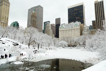 New York Central Park in snow manhattan skyline