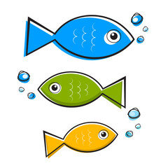 Vector Blue, Green and Orange Fish Illustration With Bubbles