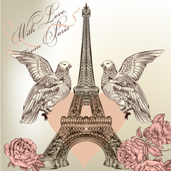 Naklejka premium Beautiful Valentine card with detailed vector Eiffel tower, rose