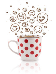 Coffee-cup with brown hand drawn happy smiley faces