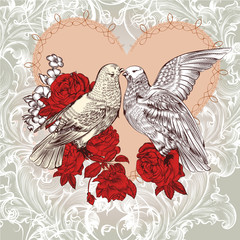 Fashion Valentine card with birds and roses in vintage style