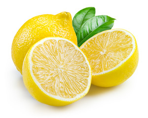 Lemon. Fruits with leaves isolated on white