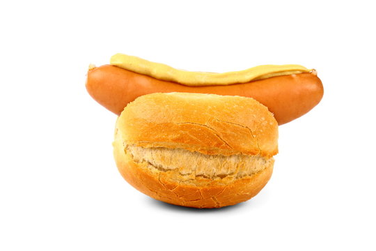 German sausage with bun and mustard