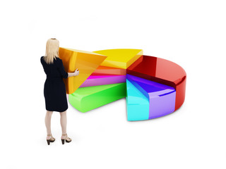 Business woman placing a section of a 3d multicolored pie chart