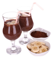 Cocktails with banana and chocolate isolated on white