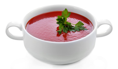 Tasty tomato soup, isolated on white