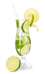 Glass of cocktail with lime and mint isolated on white