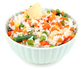 Cooked rice with vegetables isolated on white