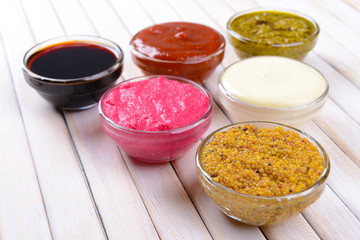 Various sauces on table close-up