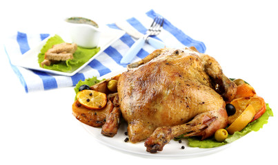 Composition with Whole roasted chicken with vegetables, color