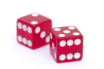 Red transparent dice isolated on white background
