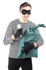 Thief with bag, isolated on white