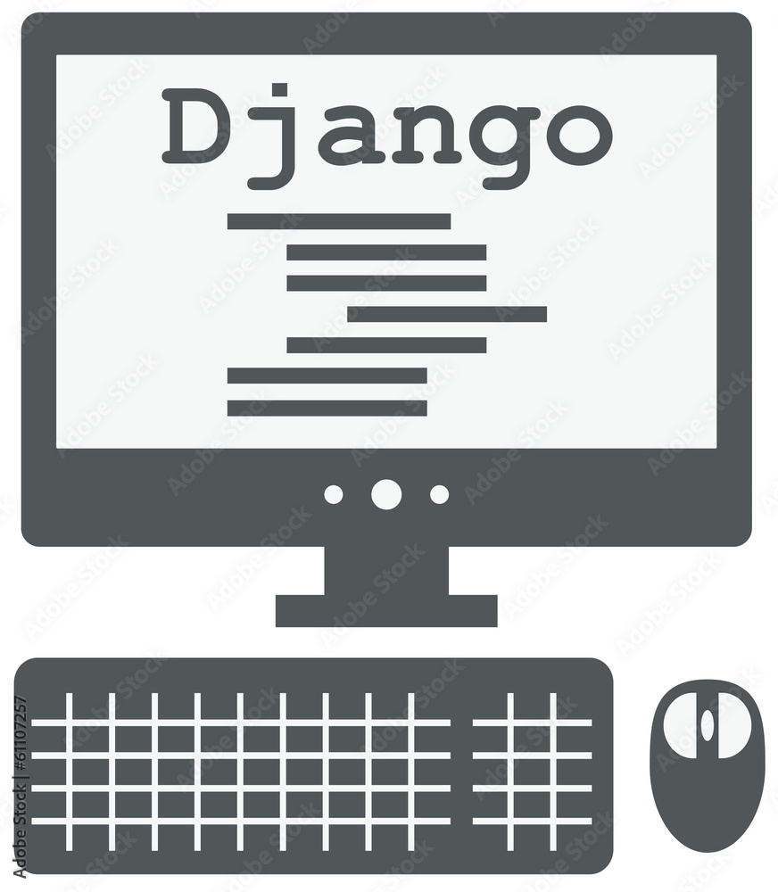 Poster vector icon of personal computer with django code on the screen,