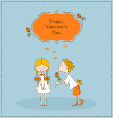 Boy gives flower to a girl. Valentines day