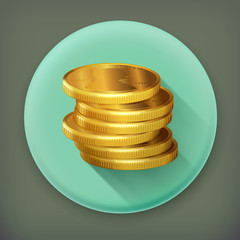 Stacks of gold coins, long shadow vector icon