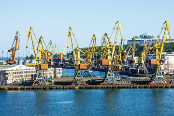 Fototapeta premium Port cranes in container terminal in Odessa sea port, Ukraine.