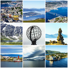 Collage Norway landmarks and natural summer landscapes.