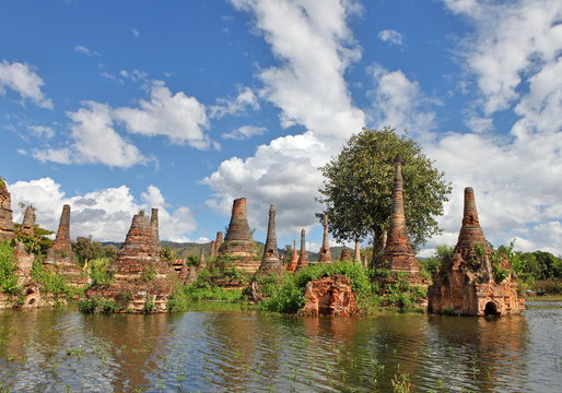 Ancient flooded pagodas near Samkar, Myanmar