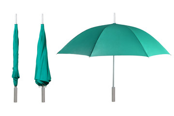 Set of green umbrellas isolated on white background
