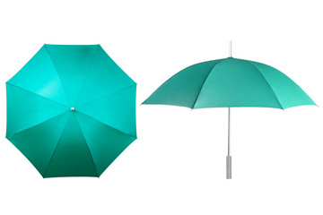 Set of green umbrellas isolated on white background