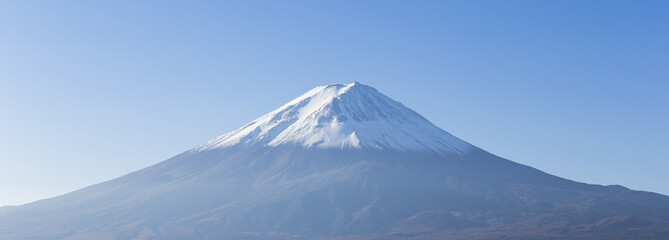 Panorama of Mt. Fuji view from Kawaguchi-ko lake. Yamanashi. Jap - obrazy, fototapety, plakaty