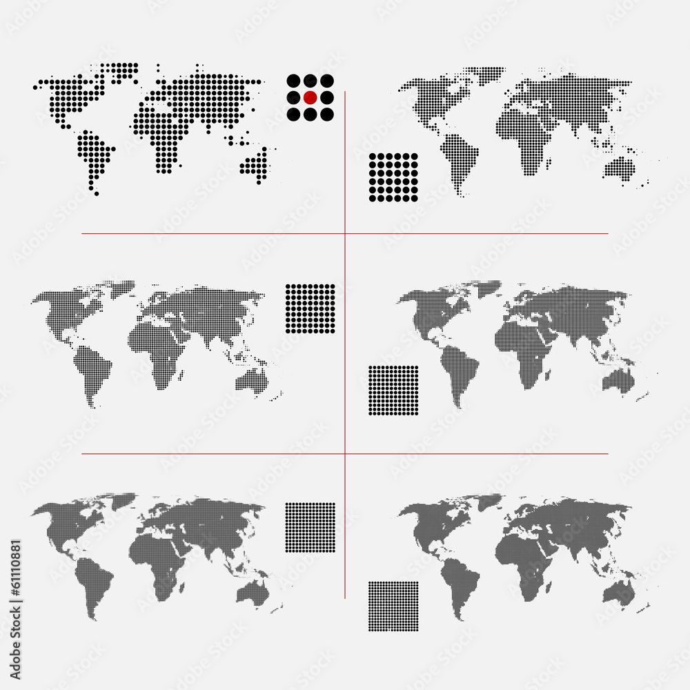 Aufkleber set of dotted world maps in different resolution