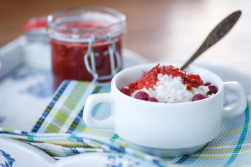 rice porridge with jam and berries