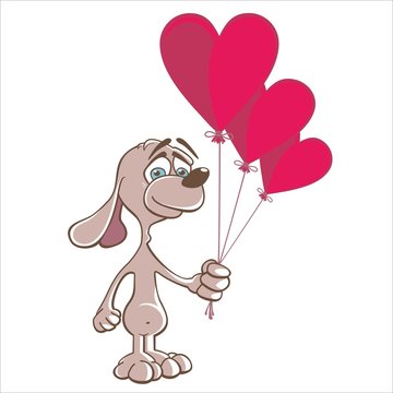 Dog - Doggy in love, three red balloons heart - valentine