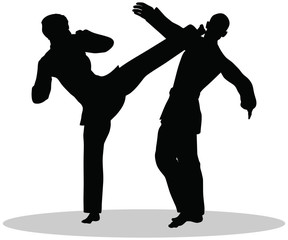 Fototapeta na wymiar silhouettes of man and woman in karate poses