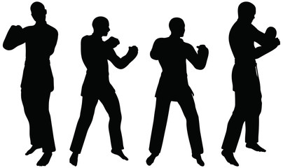 silhouettes of men and women in fist fight karate poses