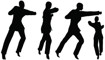 silhouettes of men and women in fist fight karate poses