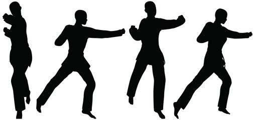 silhouettes of men and women in fist fight karate poses