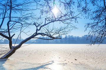 Fototapeta premium Winter scenery of frozen lake in Poland