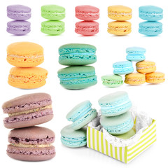 Collage of different gentle macaroons isolated on white