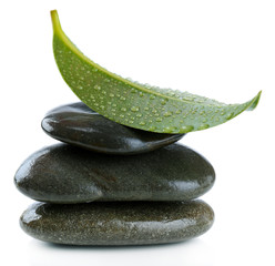 Spa stones with green leaf, isolated on white