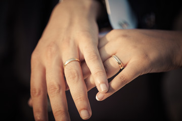 Closeup of hands of newlyweds showing their rings
