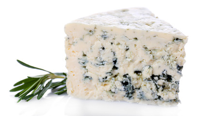 Tasty blue cheese with rosemary, isolated on white