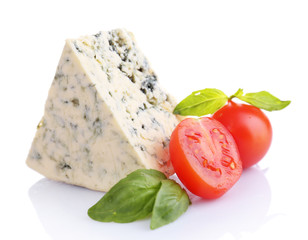 Tasty blue cheese with basil and tomato, isolated on white