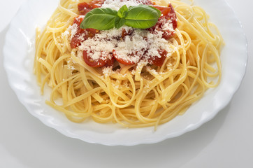 dish with spaghetti and tomato souce