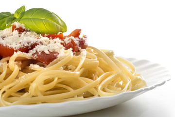 dish with spaghetti and tomato souce
